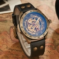 Vintage bronze mechanical watch with blue hollow dial and black rivet leather strap - s016 Black