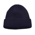 Close-up of thick navy blue knit texture and wide folded cuff on this winter beanie hat - Navy Blue