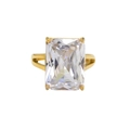 Detailed close-up of a large rectangular emerald-cut zircon set on an 18K gold ring - US 6 / White