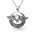 Gothic silver skull pendant with angel wings and Celtic knot ring on a chain - Winged Skull Celtic Knot Pendant (KP32836-D)