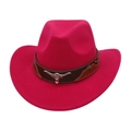 Detail of rose red wool cowboy hat featuring a leather band with silver bull head ornament - Rose Red (With Bull Head)
