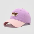 Close-up of kids contrast color baseball cap with HELLO happiness embroidery detail - 54cm (3-8 Years) / Light Purple and Pink