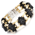 Men's biker style steel bracelet with golden links and black 3D lion head design - Lion Head Gold Black Style (KB73545-BD)