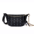Bolso de pecho negro con estampado de monograma de conejo gris y cadena dorada para mujer - Negro