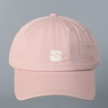 Detailed view of pink cotton baseball cap with white 3D embroidered S logo on the front - M(56-58cm) / Pink