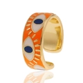 Close-up of golden evil eye ring with orange enamel finish and adjustable band - Adjustable Open / Orange
