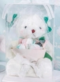 Transparent gift box featuring a white plush bear and multi-colored soap flower bouquet - Green Lotta Bear + Bouquet + Square Gift Box