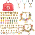 DIY kids charm bracelet jewelry set with pink handbag, unicorn pendants and colorful beads - Gold Multicolor
