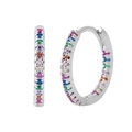 Macro shot of silver huggie hoop earrings featuring multi-color rainbow zircon stones - Silver Plated + Multicolor Zircon