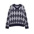 Klassischer V-Ausschnitt Strickpullover mit grauem Rautenmuster und gerippten Bündchen - S / Marineblau Raute