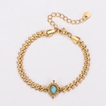 Vintage gold wheat leaf chain bracelet featuring an oval turquoise stone center - Retro Oval Turquoise Style (AMLYT424-2)