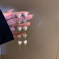 Eleganti orecchini lunghi a cuore con perle bianche e cristalli trasparenti sulla mano - 40# Perno in Argento Bianco Perla Nappa