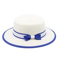 Women's summer straw boater hat with blue bow and wide brim for sun protection - White