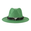 Elegante cappello fedora in lana verde con fascia etnica e testa di toro d'argento - Adulto 58cm Taglia Unica / Verde
