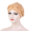 Camel milk silk turban hat with braided design and gold beaded accents for women - Khaki