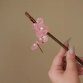 Deep brown hair pin with pink resin flowers and white pearls for hanfu hairstyles - Pink Pearl Style (S407)