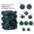 Set of 35 dark green flocked velvet Christmas ornaments in various shapes and sizes - Dark Green