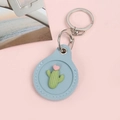 Blue leather cactus keychain tracker cover with silver metal ring and spring clasp - Snap Button Style - Cactus