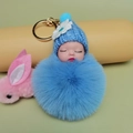 Blue sleeping baby plush pom pom keychain with knit hat and golden metal ring - Sky Blue