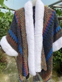Ethnic knit poncho with white faux fur collar and colorful bohemian geometric patterns - Dark Green