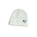 White knitted beanie with green heart embroidery patch and cuff for kids winter warmth - One Size / White