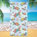 Microfiber beach towel with cartoon sea turtle and starfish hanging by the blue ocean - Sea Turtle Beach Towel 10