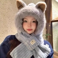 Plush 3-in-1 grey faux fur hooded scarf with cute animal ears for winter warmth - Grey Blue - [Fox Cat Ears]