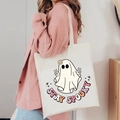 Detail of canvas Halloween tote bag with cute ghost illustration and Stay Spooky text - Stay Spooky