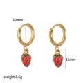 Detail view of gold hoop earrings with red strawberry charms including size and weight specs - Gold White Dotted Strawberry Earring Style (TE60539)