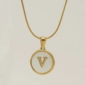 18K gold plated snake chain necklace featuring a white shell round pendant with letter V - Letter V