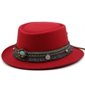 Red wool flat top boater hat with ethnic woven band, turquoise stone and tassels - M (56-58cm) / Red