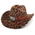 Western leopard print fedora hat with bull head buckle and wide brim design - M (56-58cm) / Straight Top / Dark Coffee