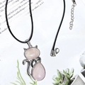 Detail showing pink crystal cat pendant with silver alloy frame on a black cord necklace - With Leather Cord / Rose Quartz