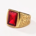 Gold stainless steel ring featuring a large rectangular red gemstone with textured band - Gold Red