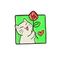 Cartoon enamel pin featuring a happy white cat holding a red rose on green background - Cat with Rose