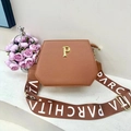 Brown hexagonal tote bag for women with gold P logo and branded wide shoulder strap - Coffee