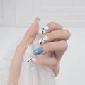 Blue and marble pattern coffin press-on nails set with elegant white lace background - Blue Marble Pattern (Y-25) / Glue Type
