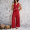 Women casual red two-piece set with lace vest and matching wide leg trousers - S / Red