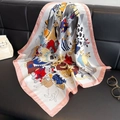 Pink border silk square scarf featuring colorful cartoon cat illustrations on leather - 64 Square Scarves / 65