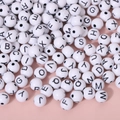 White round acrylic alphabet beads with black uppercase letters for DIY jewelry making - 8mm White Round Beads With Black Letters (100pcs)