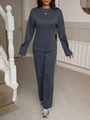 Chic women's two-piece casual set featuring a long-sleeve top and trousers in dark grey - XS / Grey Blue