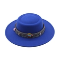 Royal blue wide brim fedora hat with ethnic style woven band and tassel details - Sapphire Blue
