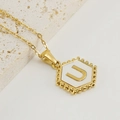 Golden titanium steel necklace with a hexagonal white shell pendant featuring the letter U - Style U (Pendant Only) / Pendant Only