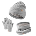 Set de punto gris claro con gorro forrado de satén, bufanda y guantes táctiles - Conjunto gris para niños