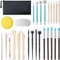 Clay sculpting tool set with wooden and metal heads in a black zipper storage case - 27-Piece Pottery Tool Set