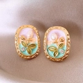 Macro shot of French style tulip enamel earrings with pearls on silk background - Gold Oval Enamel Pink White Green Tulip Pearl (1#)