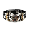Multi-layered black leather Viking bracelet with Norse Vegvisir and gear charms - Viking Culture Gear Style (JY006544-4)