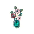 Floral crystal brooch with emerald green stone and pink flowers in gold setting - Multicolor Rhinestone XD823078