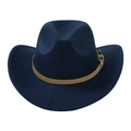 Classic dark blue wool felt fedora hat with brown leather band and gold metal buckle - Adult 58cm One Size / Navy Blue
