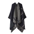 Dual-sided knit shawl in dark blue and grey with elegant jacquard leaf patterns - One Size / Floral Pattern - Navy